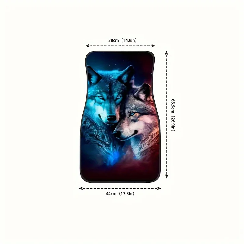4-Piece Set Cool Wolf Print Vehicle Floor Mats, Polyester Fiber Interior Accessories With Non-Slip Backing For Auto Front And Re