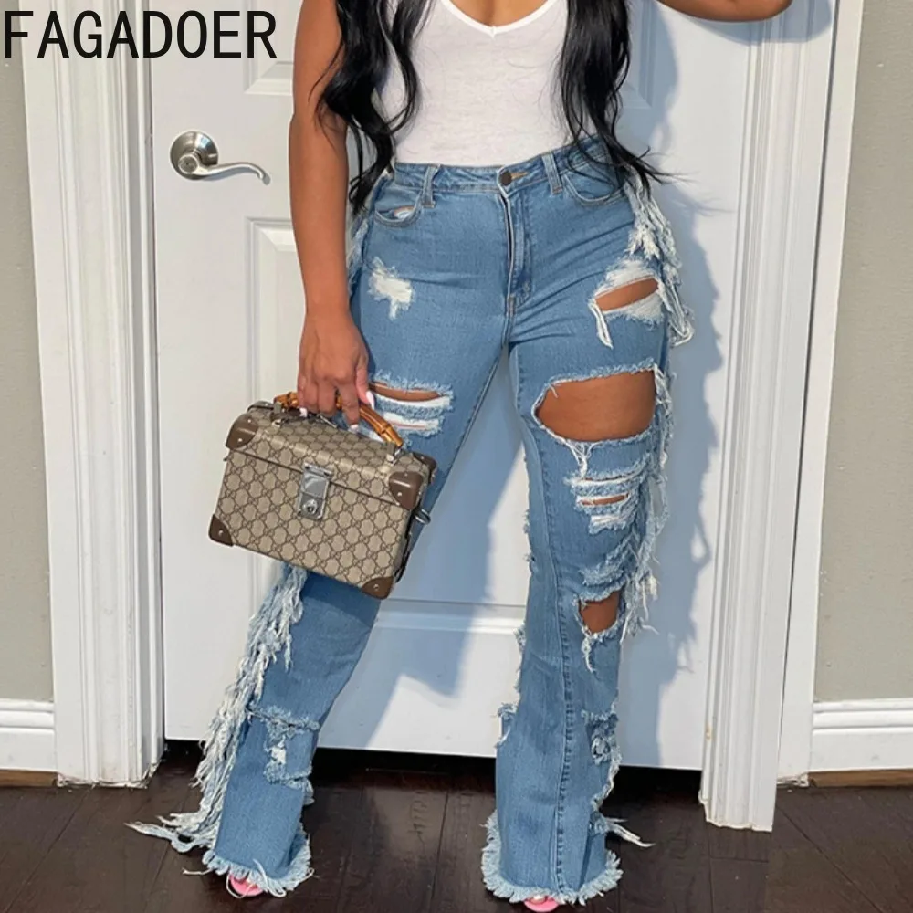 

FAGADOER Blue Vintage Fashion Hole Tassels Denim Pants Women High Waist Button Jean Trousers Casual Female Solid Cowboy Bottoms