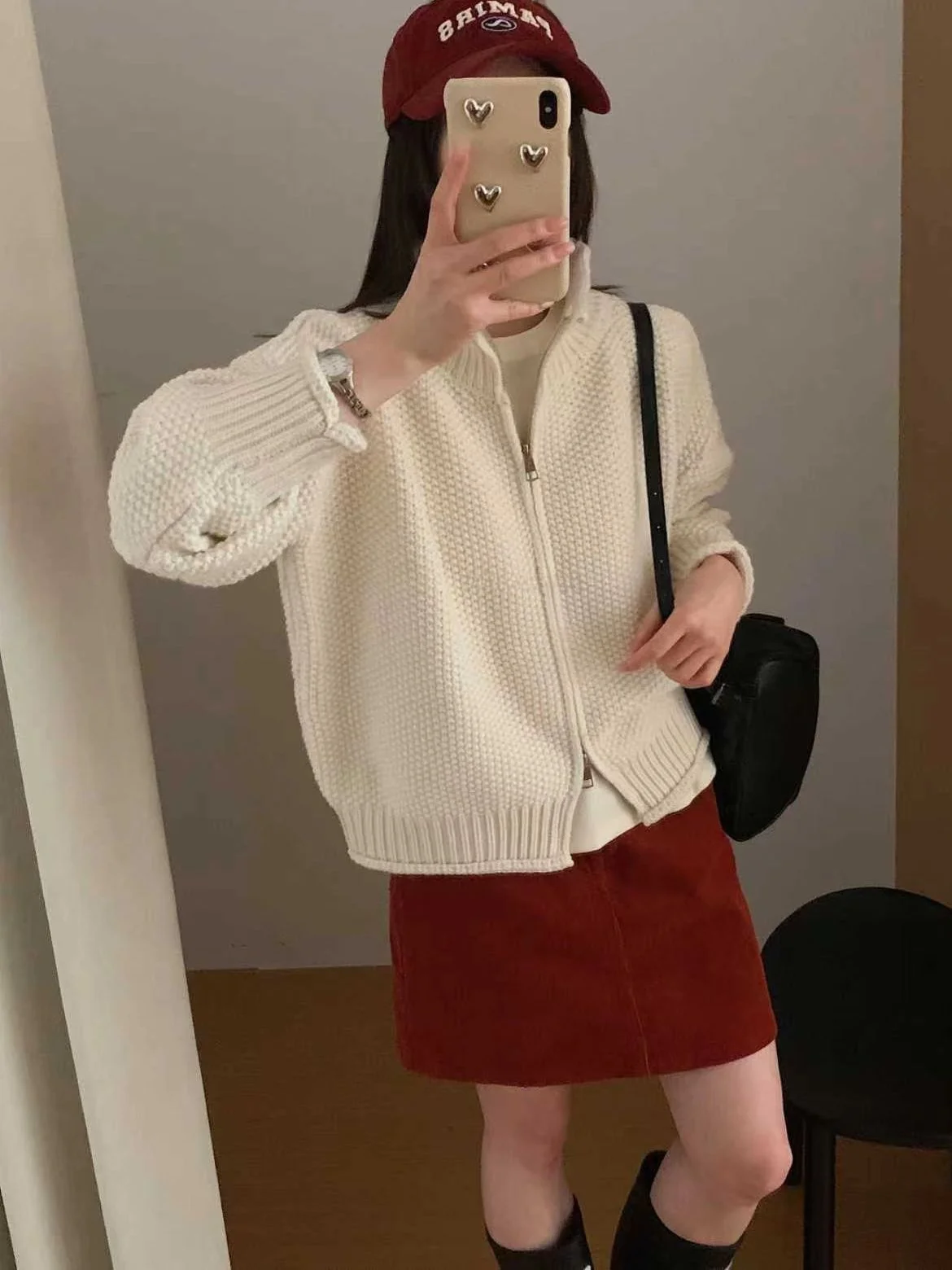 

Ele Knitted Open Cardigan Women's Winter Sweater Jaet Roll Double Zipper Stand Collar Soft Long Sve Casual Top