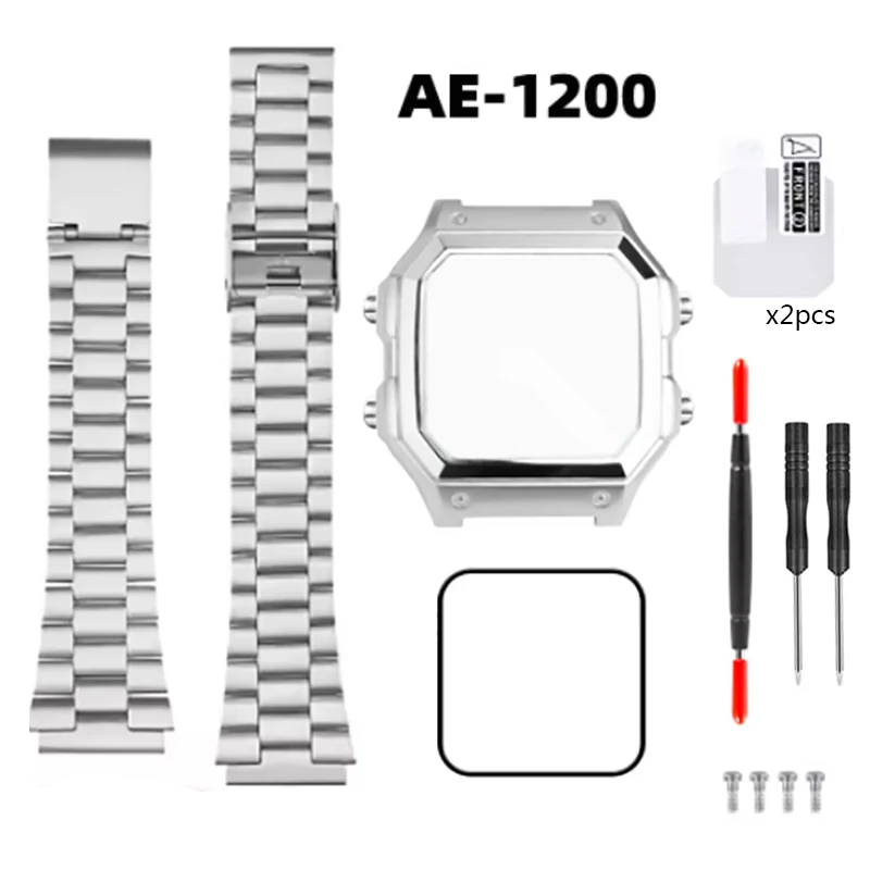 AE1200 Case Mod Kit All Metal For Casio 3299 AE-1200 AE-1200wh AE1300 Bezel Glass Stainless Steel Shell Watch Chain Strap Case