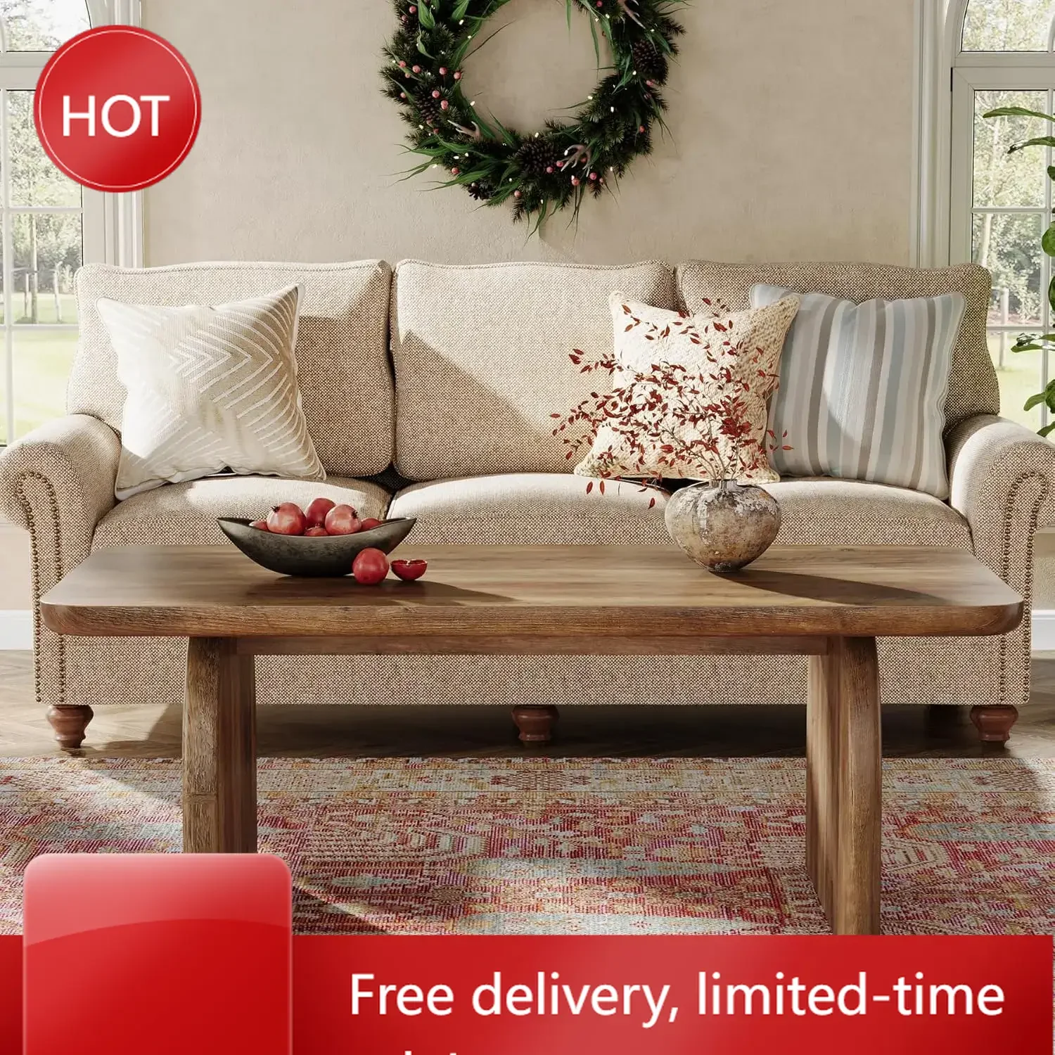 

Rectangle Coffee Table, 47-Inch Wood Rectangular Living Room Table, Farmhouse Accent Center Low Cocktail Tea Table