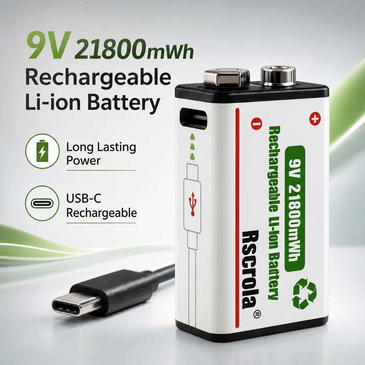 Long-Lasting 9V Lithium ion Rechargeable Battery 21800mWh High Capacity for Guitar Microphone Smoke Detector Pedal with Cable
