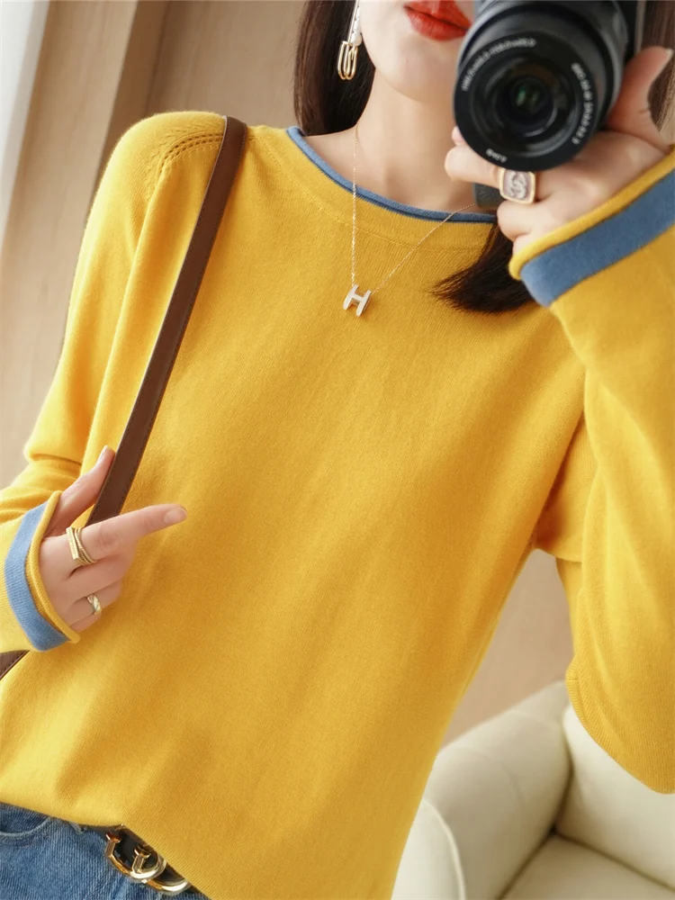 2024 Spring/Summer Round Neck Cotton T-Shirt For Women Rolled Edge Thin Knit Comfortable Base Without Ball SMY C22