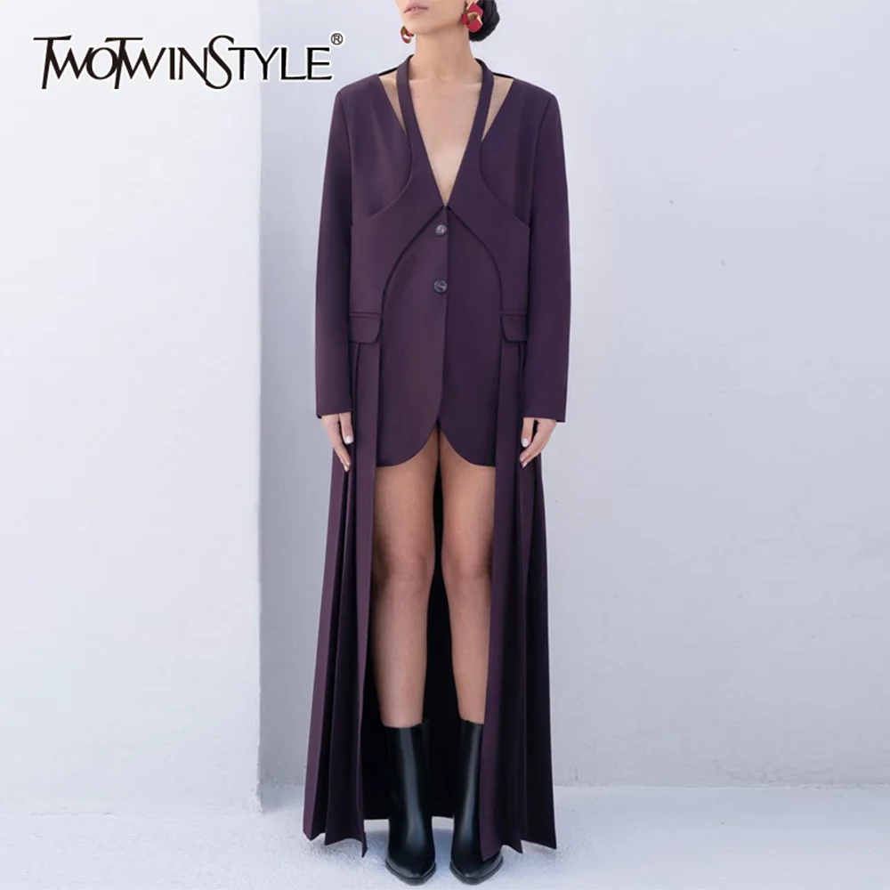 TWOTWINSTYLE Solid Irregular Hem Chic Long Blazer For Women V Neck Long Sleeve Patchwork Button Temperament Overcoats Female New