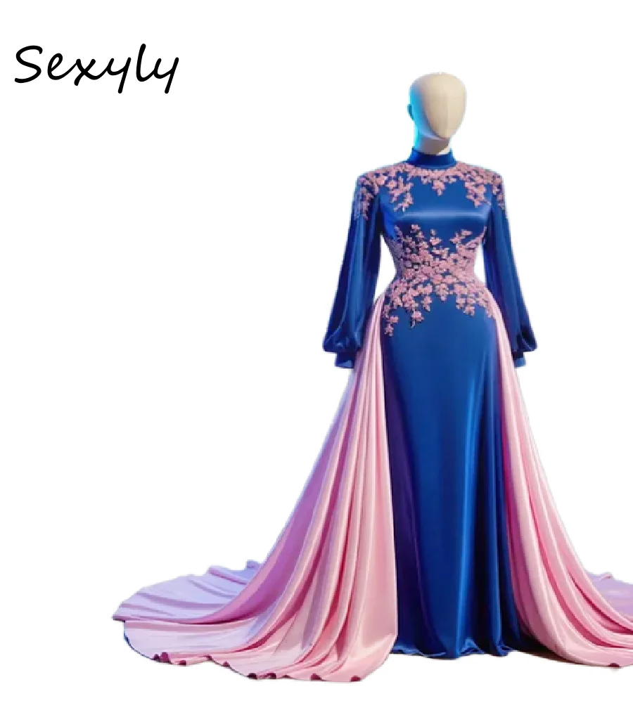 Muslimisches Abendkleid im Vintage-Stil mit rosa Überrock, 2026, langärmelig, Stehkragen, arabische Dubai-Abschlussballkleider, elegante Spitze, Zeremonie, formelle Kleidung