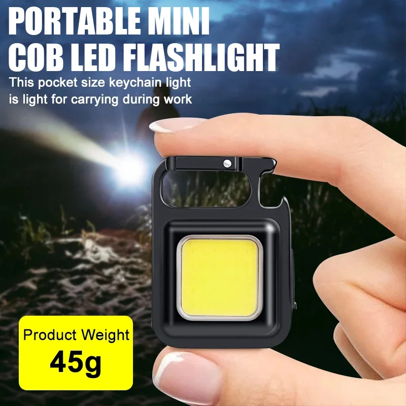 Mini luce forte portachiavi Luce di lavoro COB ricaricabile USB con luce di emergenza di riparazione magnetica Supporto pieghevole Apribottiglie 800 Lumen Piccola torcia tascabile da campeggio all'aperto LED