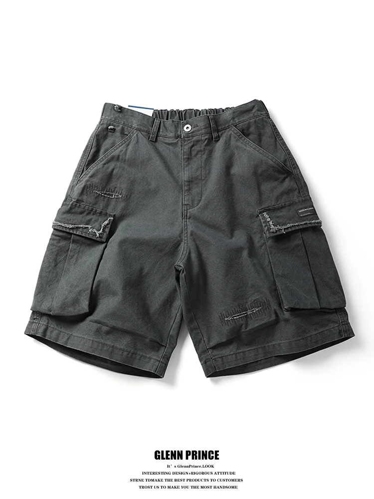 

American Retro Distred Hem Workwear orts Men Summer New Trend Straight Leg Wide Leg Five orts Breathable Casual Pants