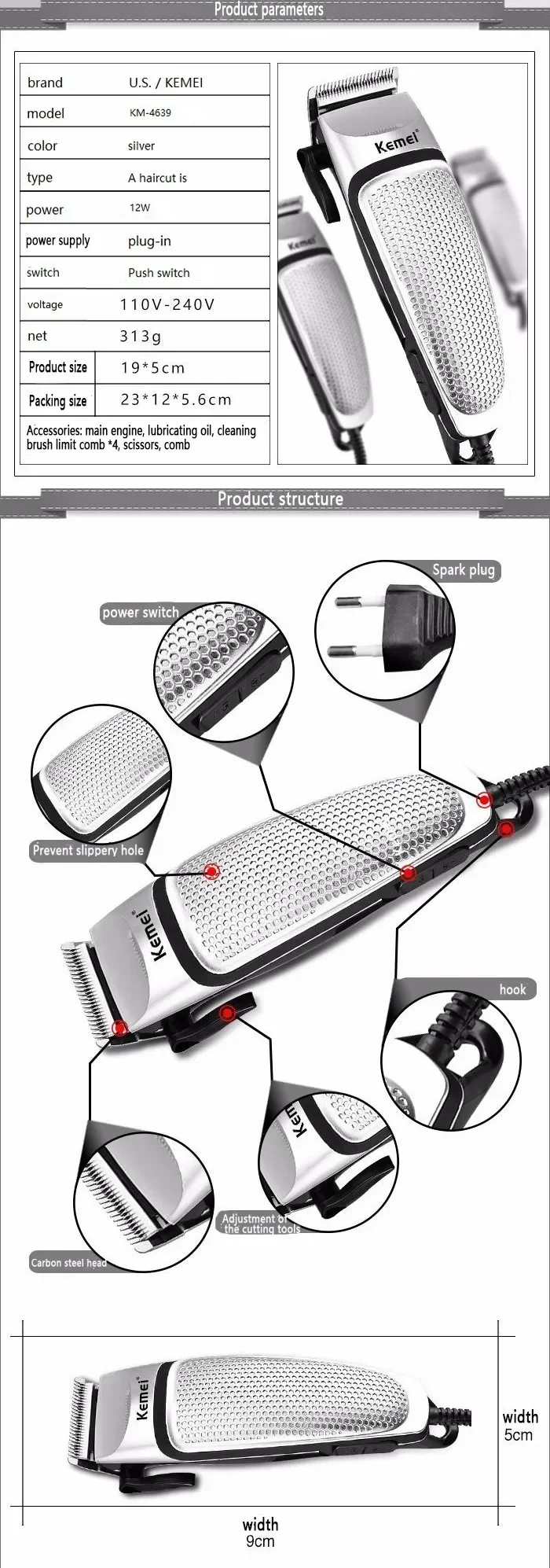 Kemei KM-4639 Elektrische Haarschneidemaschine Haarschneidemaschine Professionelle Trimmer Haushalt Geräuscharm Bart Maschine Körperpflege Haarschnitt Werkzeug – Detail 1