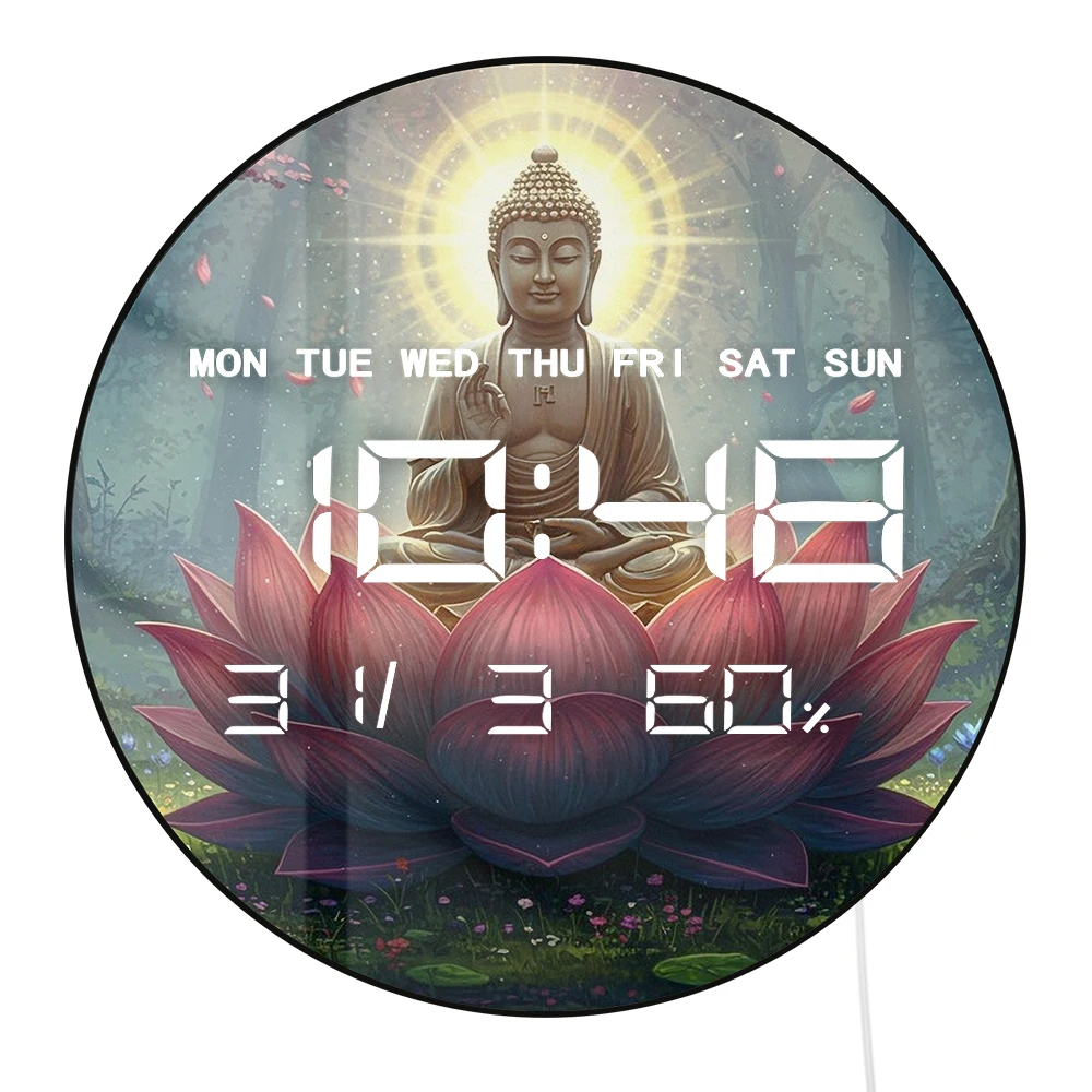 Buddha Seated on Giant Lotus Digital Wall Clock with LED Display Calendar Temperature Automatic Dimming 12/24hr Electronic Clock