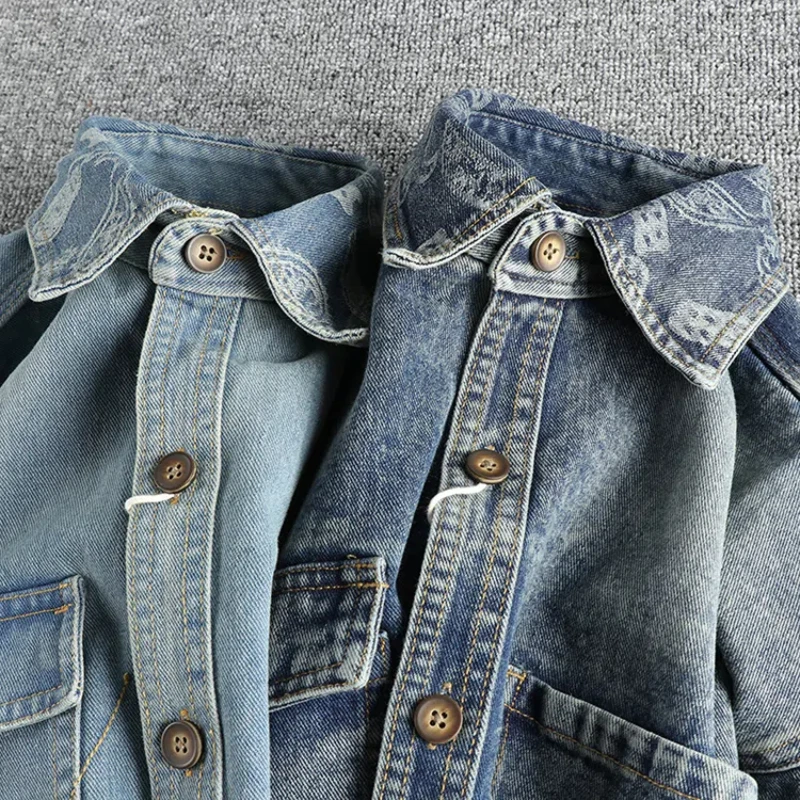 Heavy collar cashew flower embroidery design sense of British vintage denim shirt men\'s autumn trend coat with long sleeves