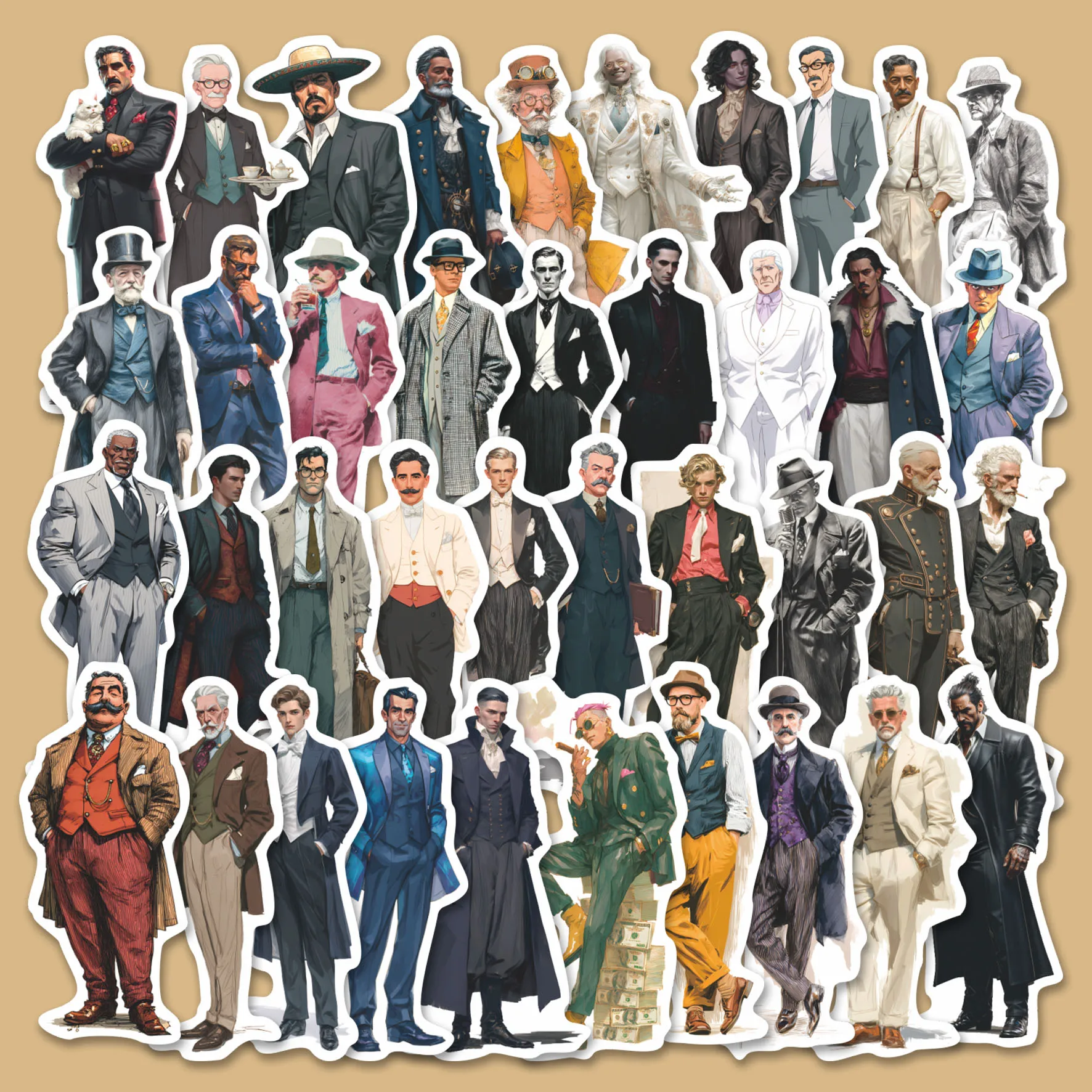 50pcs Vintage Gentleman Suit Style Stickers Pack | Retro Dapper Men & Classic Fashion Graphics | Vinyl for Laptop, Water Bottle