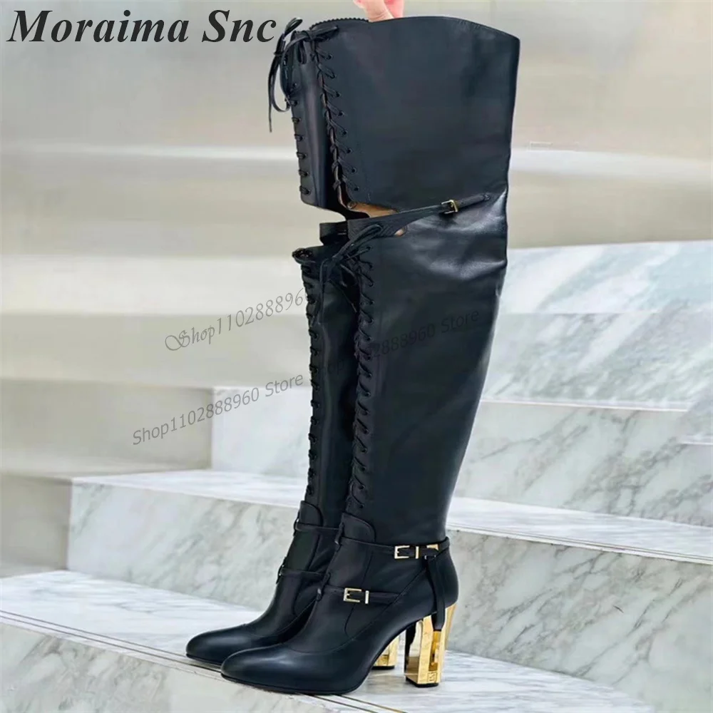 

Over The Knee Black Cross-Tied Strange Heel Knight Boots Thick Heel Women Shoes Side Zipper Round Toe 2023 Zapatos Para Mujere