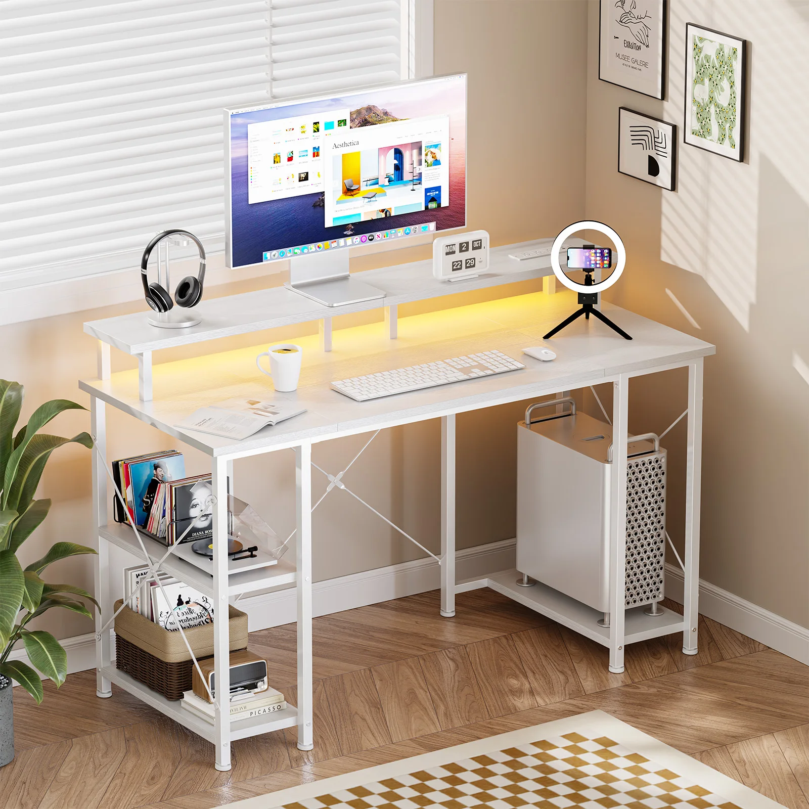 48 Inch Computer Desk with with Shelves Storage Drawers Office Wood Table with LED Lights Power Outlets Gaming Desk