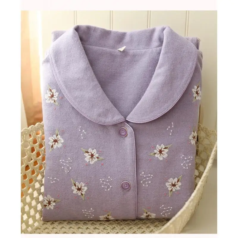 Women's Autumn Winter 100% Cotton Brushed Pajamas Long Sleeve Student Loungewear Trousers Cute Girl Flower Sleepwear 2pcs/set