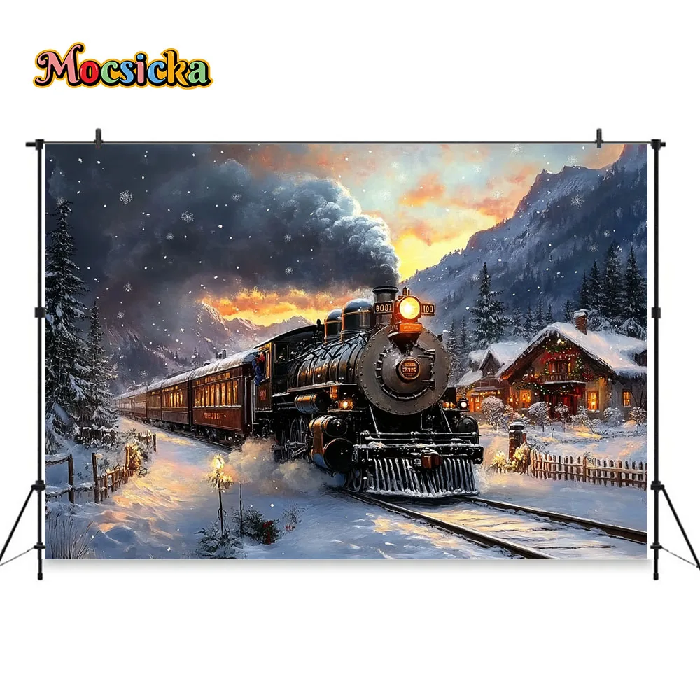 Mocsicka Vintage Steam Train Background for Christmas Photography Xmas Eve Village Snowflake Backdrop Kids Family Studio Photo