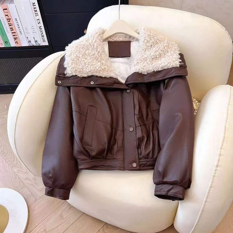 

2026 New Lamb Wool Big Fur Collar Small Lambskin Solid Color Coat Korean Version Down Cotton Thickened Loose Cotton Clothes