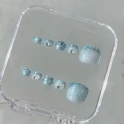 10pcs Handmade Shiny Blue Press on Toenails Glitter Powder Cat Eye Pearl Design Fake Toenails Full Cover Wearable Fake Toe Nails