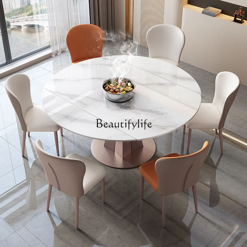 Light luxury rock slab dining table variable round table modern simple household small retractable folding dining table