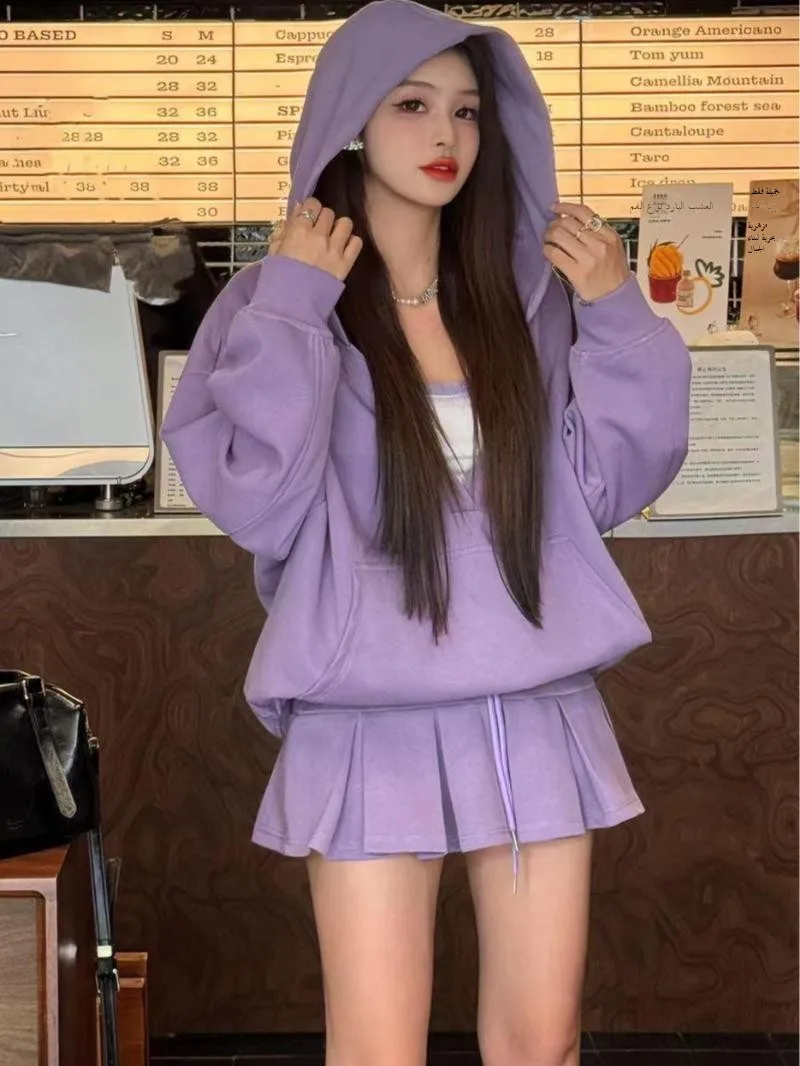 

Casual Sportswear Set Women's Hoodie ort Skirt Two-Piece Set Lazy Sle Strap Vest Set Autumn Faion Ensemble