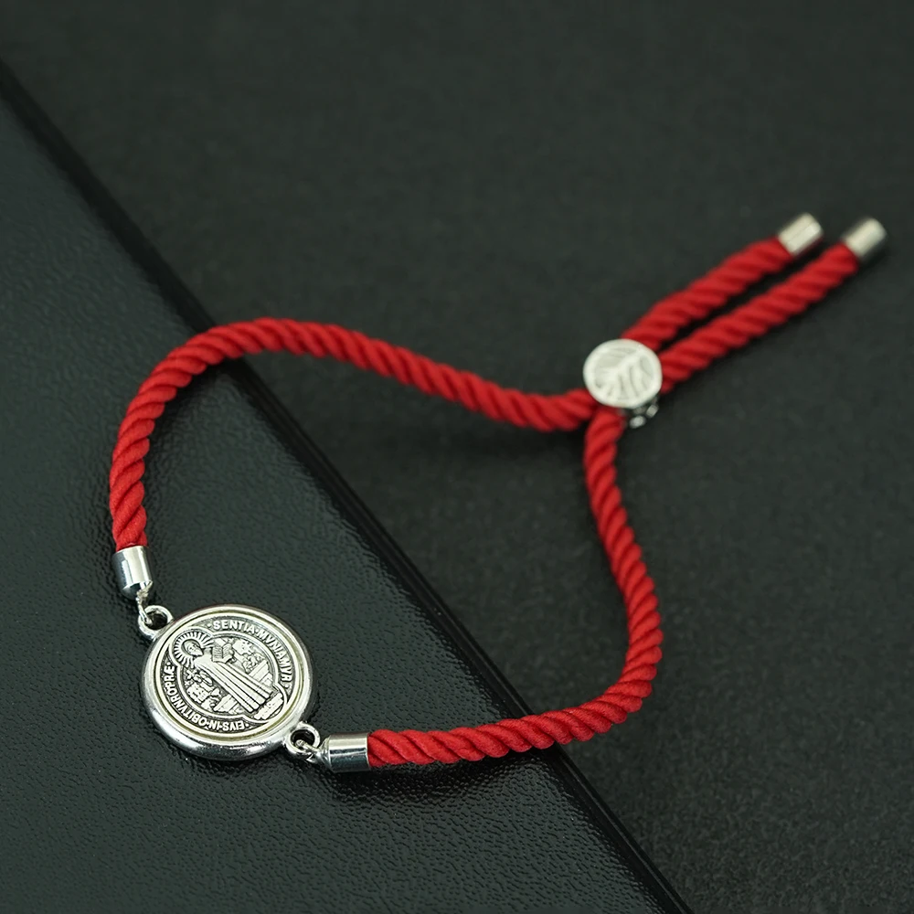 Adjustable St Benedict Medal Bracelet Men Black Red Braided Rope Bracelet Women Religious Jewelry Gift