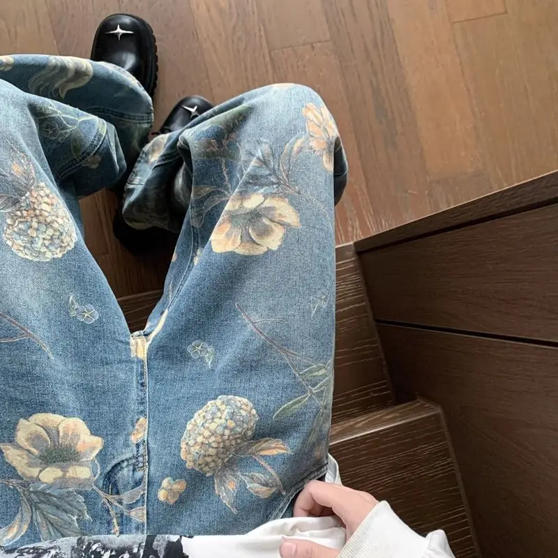 Estate uomini e donne personalità alla moda stampa completa fiore gamba larga Jeans coreano gamba dritta sciolto strada gamba larga pantaloni Casual