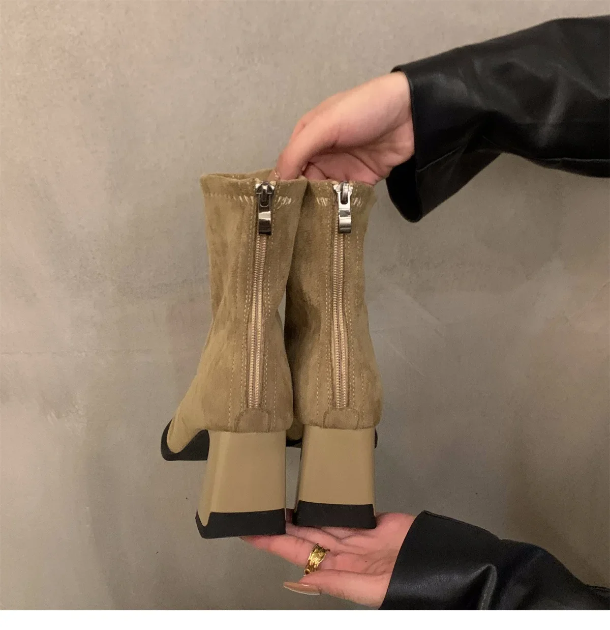 Quadratische Spitze Sexy Wildleder Casual Arbeitsstiefel für den Winter Bequeme Reißverschluss-Bankett-Elegante High Heels Damenstiefel – Detail 10