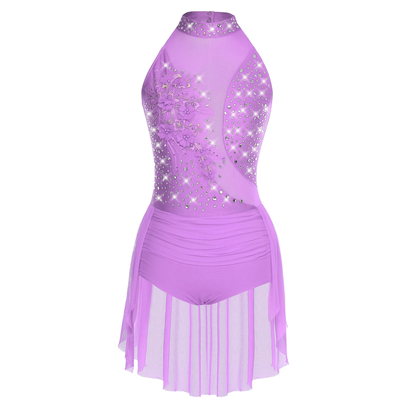

Women Skating Lyrical Dress Rhinestones Applique Dance Bodysuits Sleeveless Irregular Skirted Leotard Dress Modern Dancewear