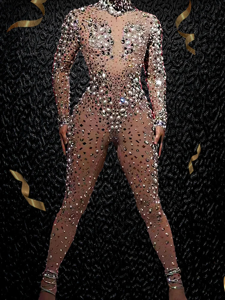 

Poster Girls Jumpsuit Gala See through Perler Beads Big Pearls stonesParty Birthday Prom Ball Sexy Women Rhinstone playsuit