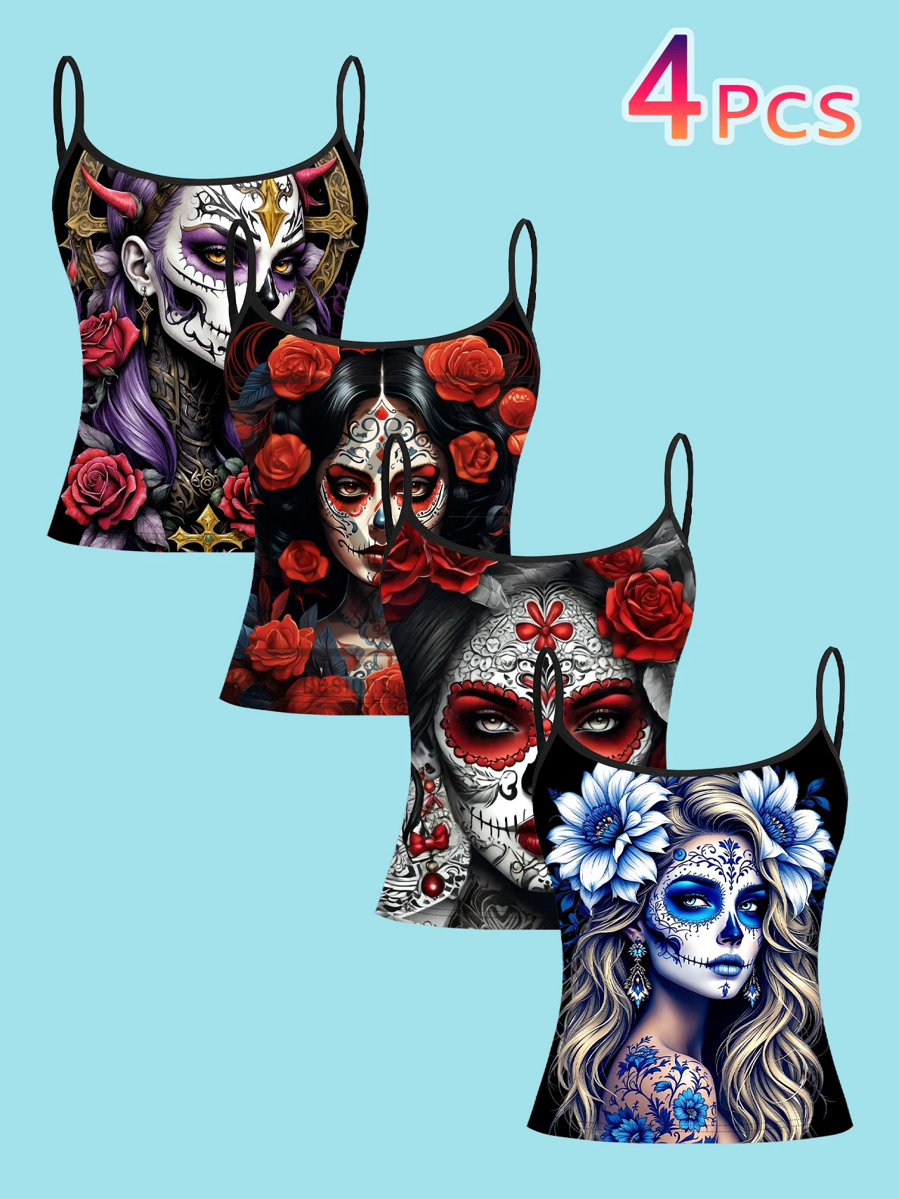 4-Piece Set of Day of the Dead Sugar Skull Women's Camisoles with Mexican Rose Painted Portrait Print, Thin Straps, Slim Fit Inner Wear