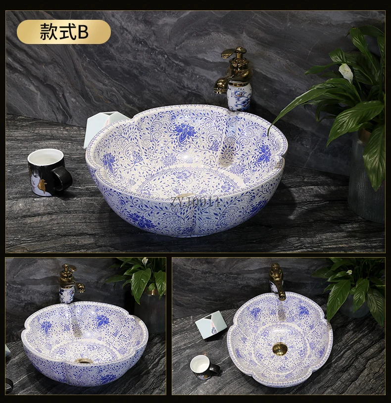 Chinese Jingdezhen Blue and white Porcelain Above Counter Basin Ceramic Art Washbasin