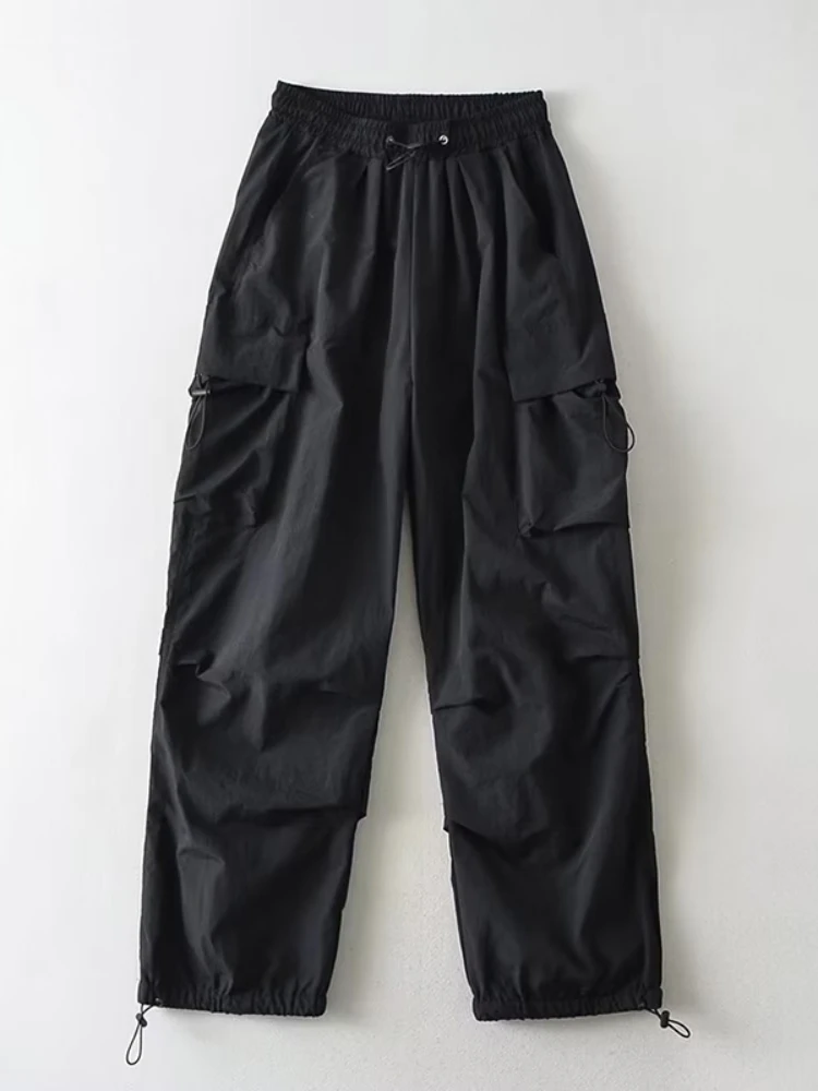 

Spring and Autumn Retro Hippie Gray Parachute Pants Women Streetwear Oversize Pockets Wide Leg Cargo Trousers Female Harajuku