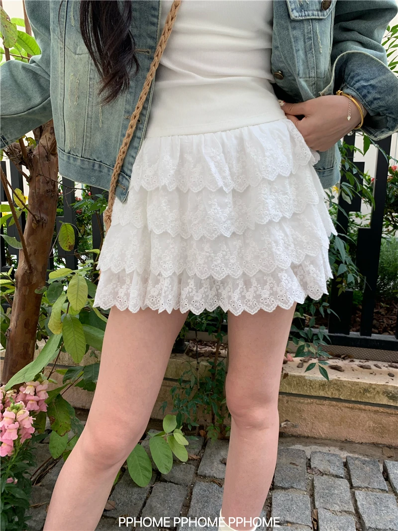 

Women's Summer Sweet Hollow Out Floral Layered Cake Skirt Lady Streetwear Elastic Waist Solid Color Sweet A Line Mini Skirt