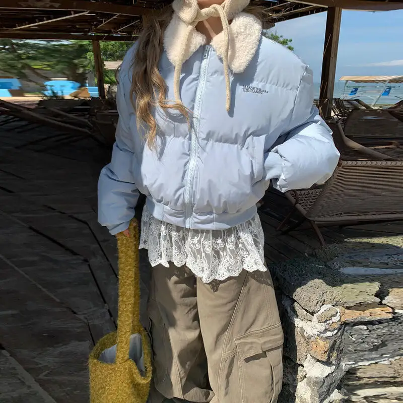 Parka da menina pão algodão-acolchoado jaqueta engrossar outono inverno feminino estudante retro americano gola de pele de cordeiro casaco puffer