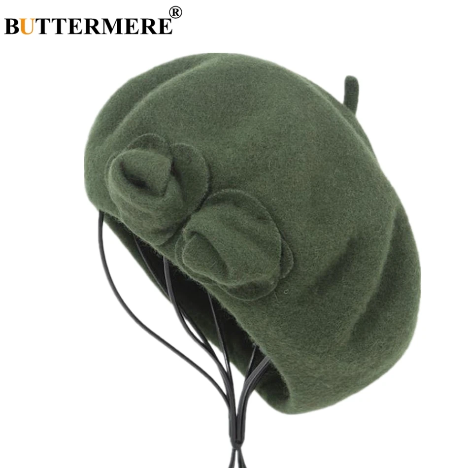 BUTTERMERE Wool Beret French Beanie Winter Hats For Women Flower Red Flat Cap Lady Girl Berets Female Bone Tocas Painter Hat