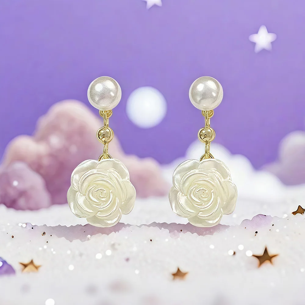 

Camellia Pearl Stud Earrings for Women White Rose Earrings Korean Temperament Trend Jewelry Daily Accessories New Year Gift