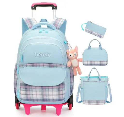 Mochila escolar con ruedas para niña, 5 unidades/juego con bolso, bolsa de almuerzo, mochila escolar con ruedas, conjunto de bolsa con carrito escolar para niñas