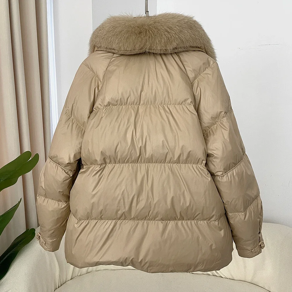 Fur Real Autumn Winter Fashion Fox Fur Collar  White Duck Down Thickened Warm Women Korean Style Loose Casual Down Jacket