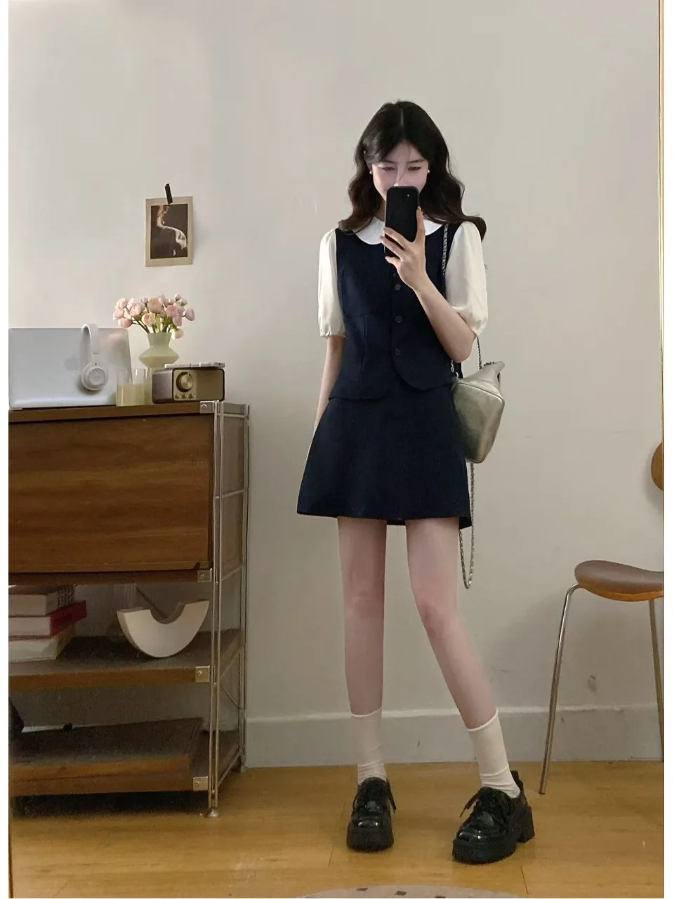 

High Waist A-Line Skirt And Short Sleeve Doll Collar Top plus Size Anti-Aging Summer New Style Women's Fashion Set