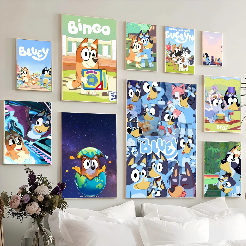 1PC Honey Cute B-Bluey Poster Movie Sticky Posters Retro Kraft Paper Sticker DIY Room Bar Cafe Aesthetic Art Wall Painting