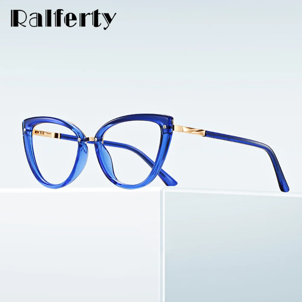 Ralferty Luxury Women's Eyeglass Frames Graduated Support Insert Optical Lenses with Custom Recipe No Diopter Spectacle Blue