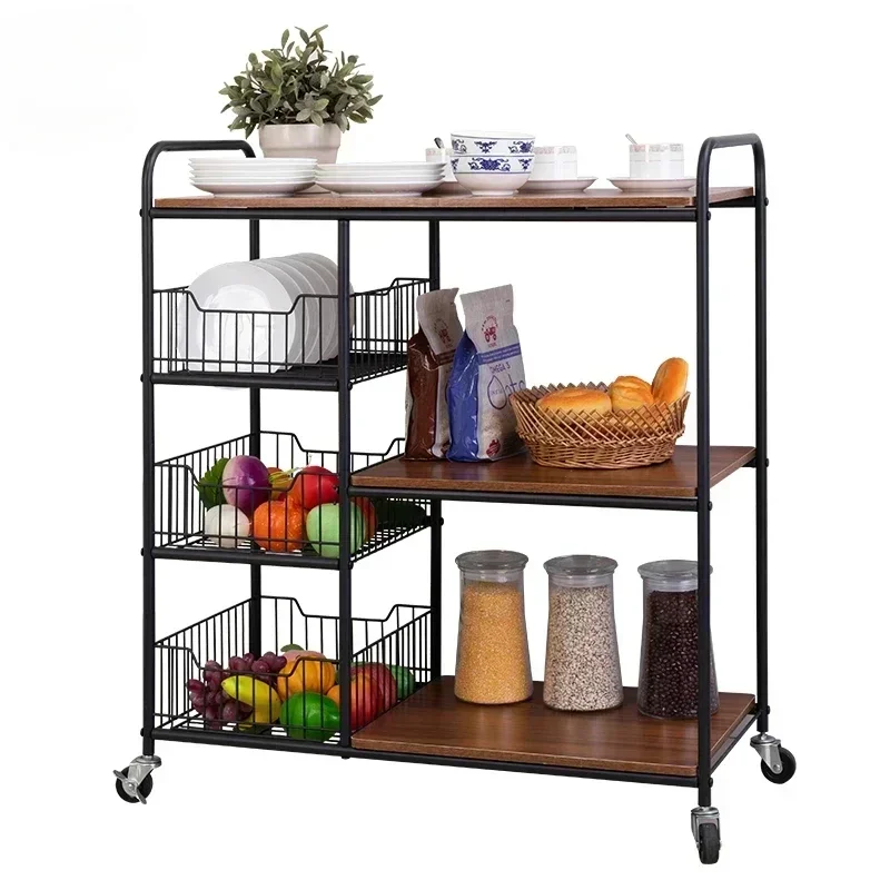 Metal Wooden Island Carts Kitchen Searving Vegetable Trolley 3 Tier Stainless Steel Microwave Oven Storage Shelf with Wheels