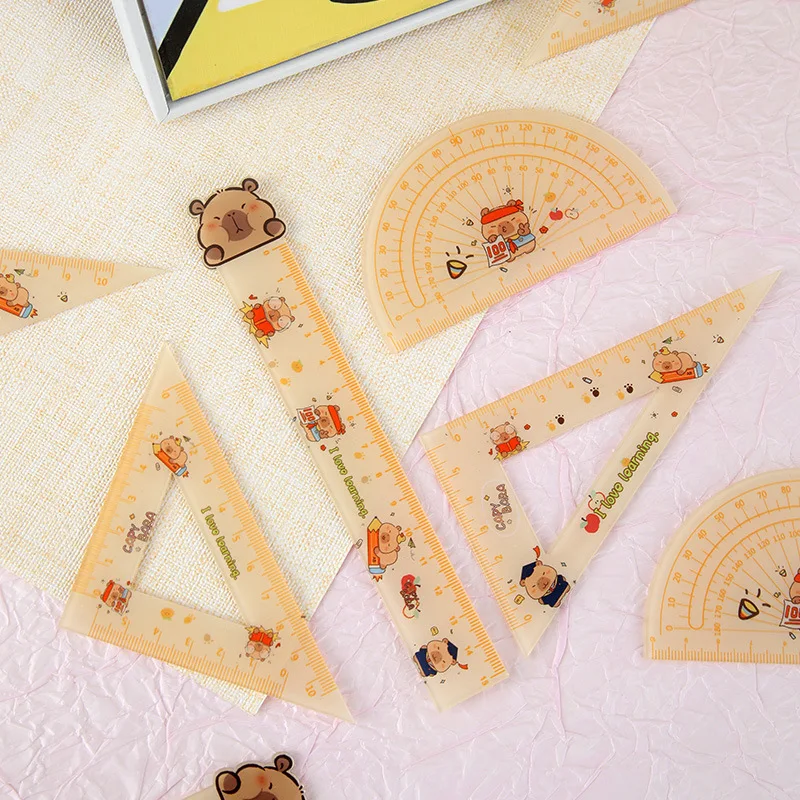 12 Sets New Kapibara Ruler Set Cartoon Capybara Acrylic Ruler Four-piece Set Student Learning Measurement Supplies
