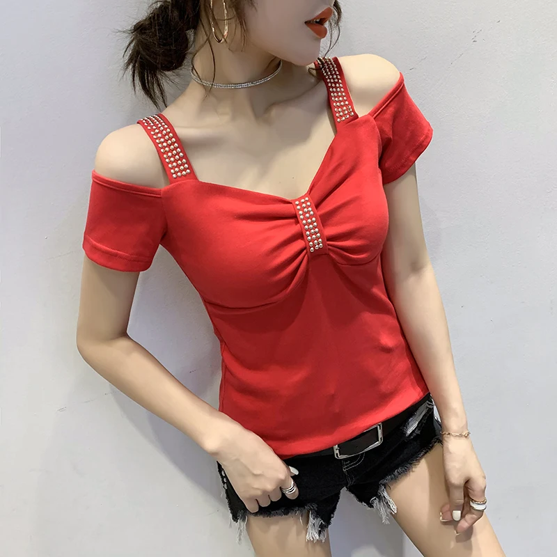 2023 New Summer European Clothes Cotton T-Shirt Chic Sexy V-Neck Off Shoulder Rivet Women Short Sleeve Tops All Match Tees 32276