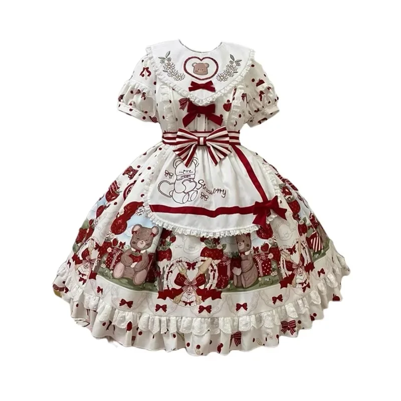 Erdbeere Lolita JSK Op Kleine Schürze Sommer Mädchen Erdbeere Süße Blume Hochzeit Kleid Täglichen Tragen Outfit Op Kawaii Vestido RZ89