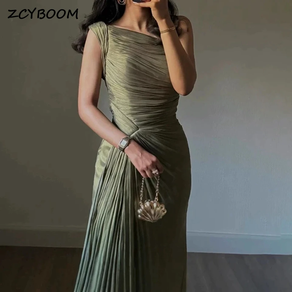 

Customized A-Line Side Split Simple Draped Olive Green One-Shoulder Satin Evening Dresses Mermaid Floor Length Party Prom Gowns