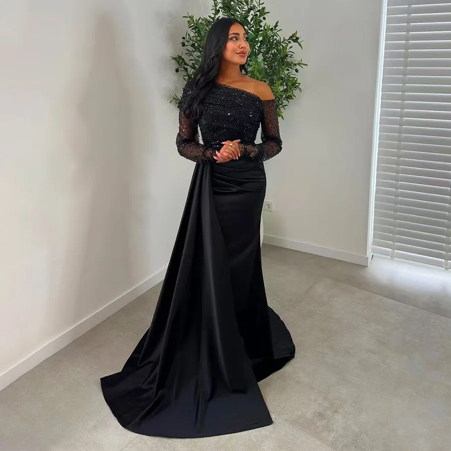 Satin Sequin Prom Gown Black Evening Dress One Shoulder Long Sleeves Illusion Sparkly Wedding Formal Party Dress Women Custom