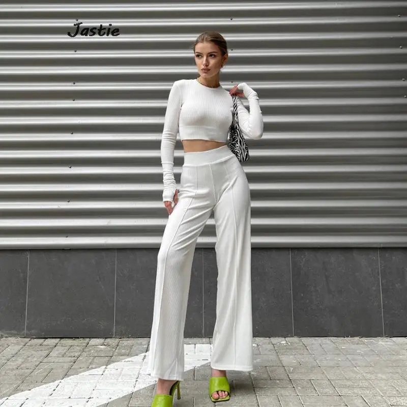 

Pit Stripe Ribbed Long Sleeve Crop Top Two Piece Set Fashion Casual High Waist Wide Leg Pants Stretchy Simple Women Outfits