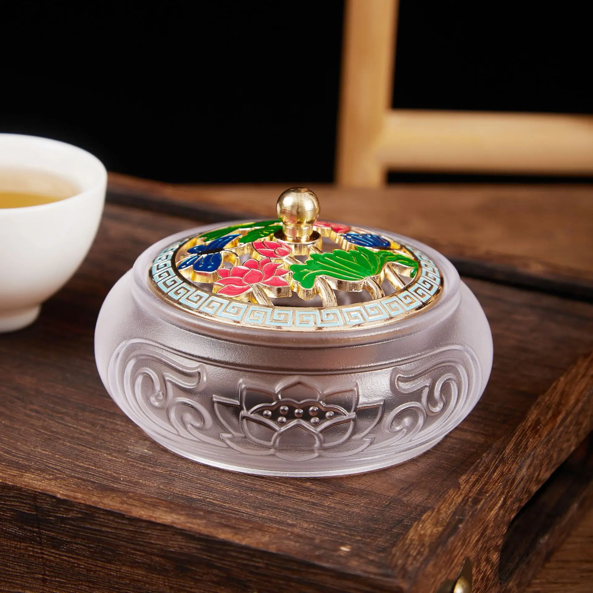 Household Vintage Lotus Cloisonne Enamel Cone Incense Burner Indoor Sandalwood Aroma Censer Cultural Gift Desktop Home Decor
