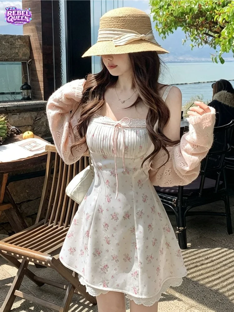 

Korean Sweet Fashion 2 Piece Set Women Floral Bow A-Line Dress + Knit Cardigan Summer Casual Beach Vacation Elegant Chic Outfits