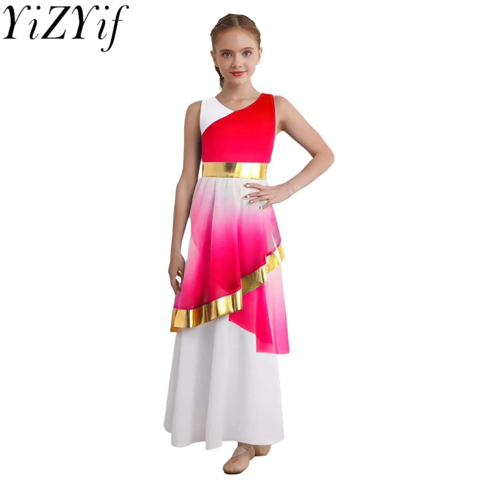 

Kids Girls Praise Lyrical Modern Dance Performance Costume Sleeveless Asymmetrical Gradient Mesh Layer Contemporary Dance Dress